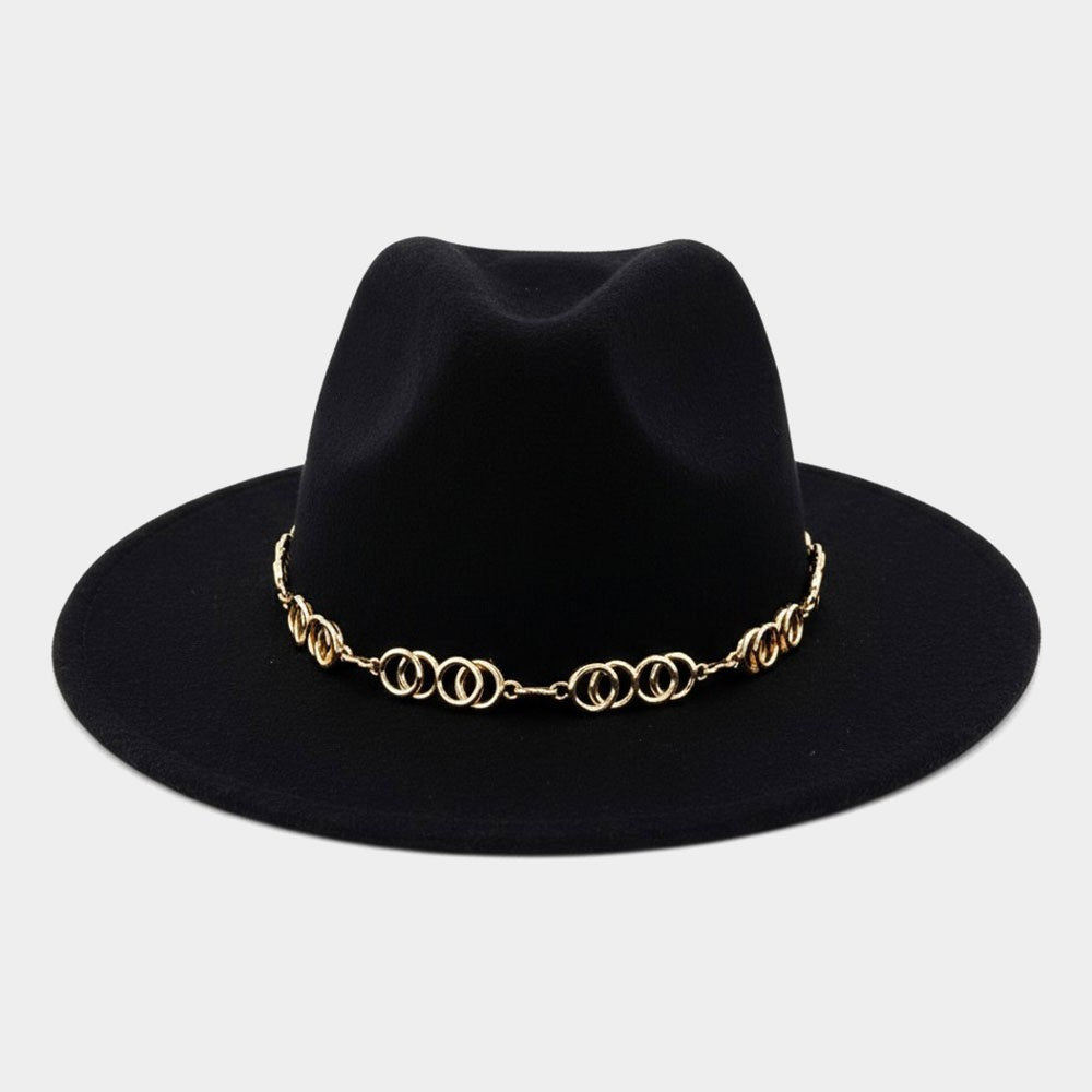 Western Fedora Hat Womens Polyester Black with Decorative Chain Accent Wide-Brim