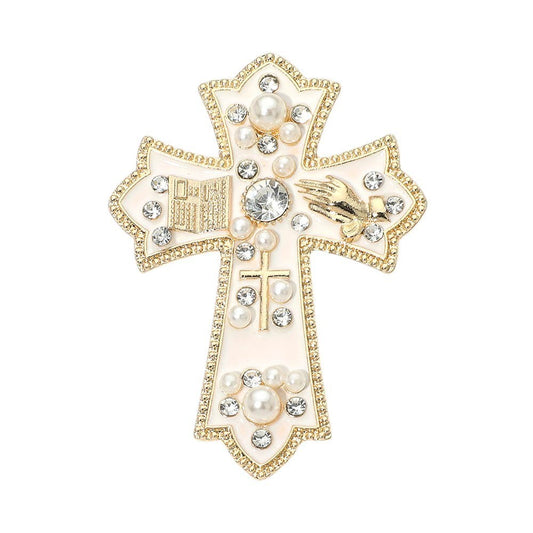 Religious Cross Brooch Pin White Enamel Pearl Rhinestone Christian Jewelry
