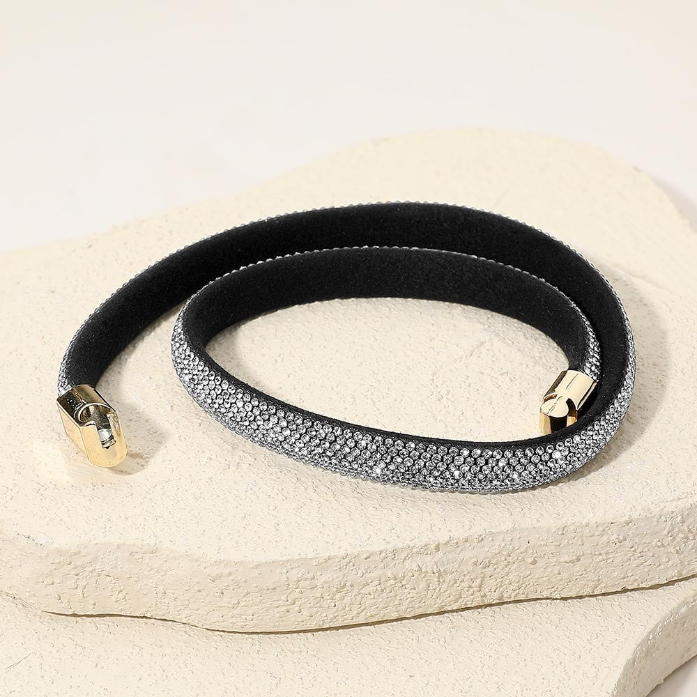 Black Velvet Rhinestone Crystal Double Wrap Bracelet Magnetic Gold Clasp 16" L