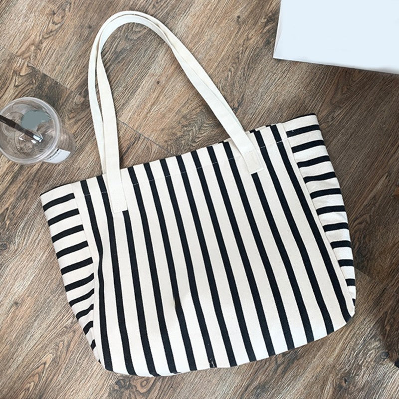 Large Canvas Tote Bag Striped Black White Shoulder Handbag Cotton Beach Shopper