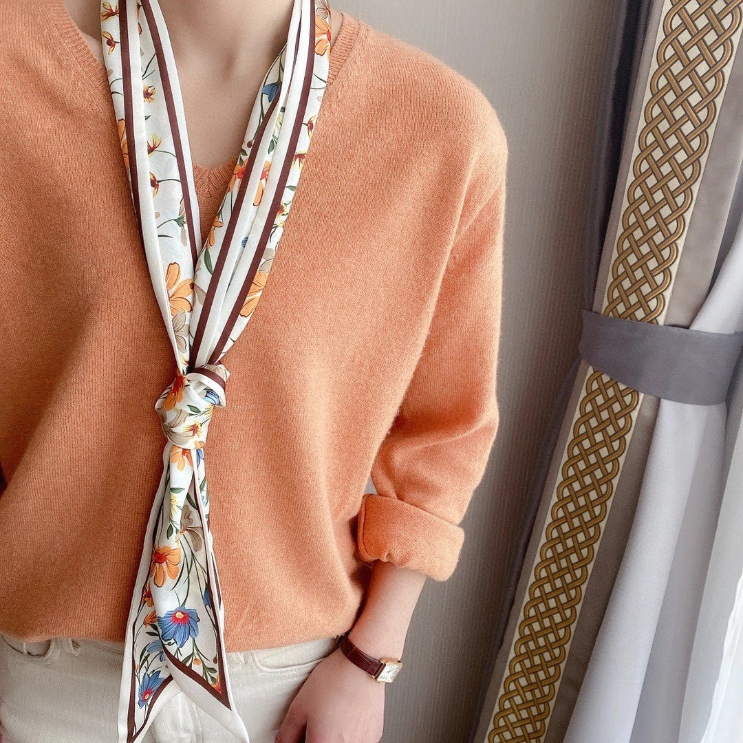 2 Pack Black White Floral Skinny Scarf Set Twilly Foulard Thin Neck Tie Ribbons