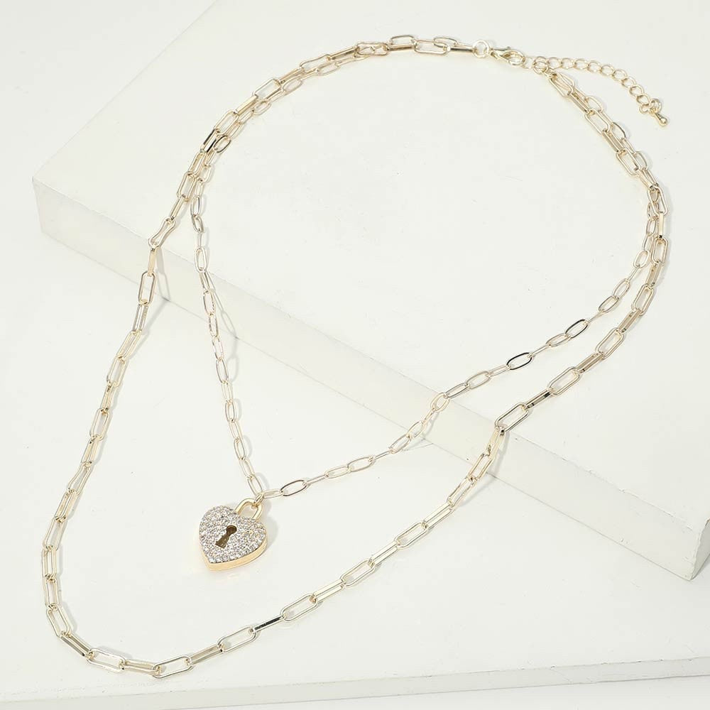 Gold Multi Layer Paperclip Chain Pave Heart Keyhole Charm Pendant Necklace