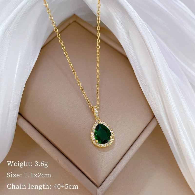Gold Plated Stainless Steel Green Teardrop Zircon Necklace Earring Set for Women