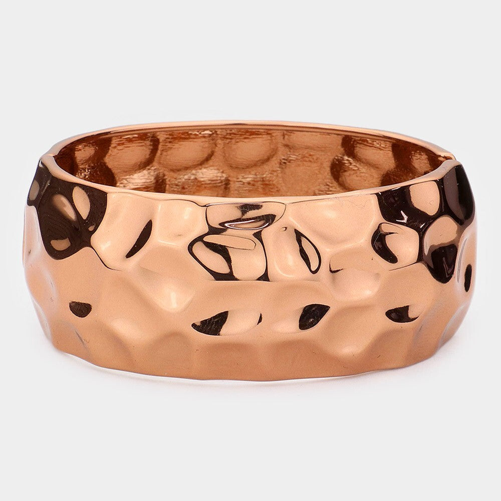 Chunky Hammered Metal Bracelet Rose Gold Tone | Hinged Wide Bangle for Women