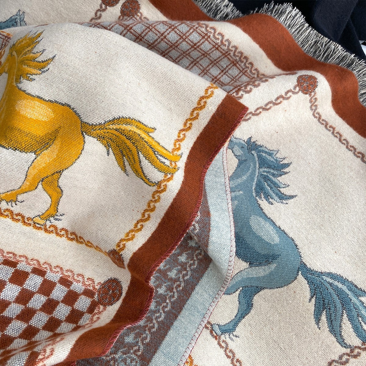 Equestrian Block Print Scarf Shawl Blanket Wrap Cashmere Feel