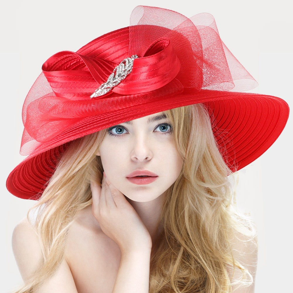 Red Wide Brim Church Derby Dress Hat Bow Crystal Accent Ladies Women's