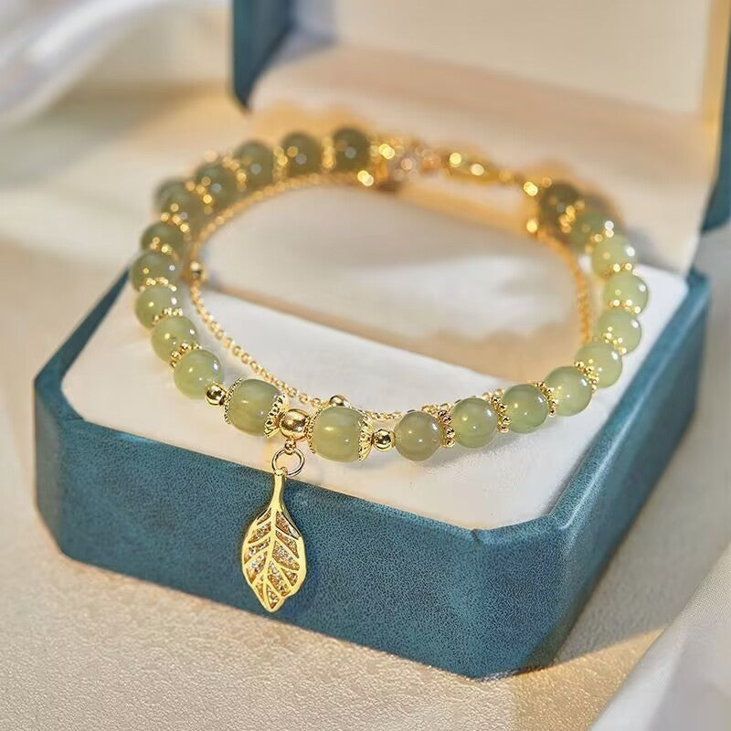 3pcs Green Jade Beaded Bracelets with Gold Leaf Charm & Chain Women's Jewelry