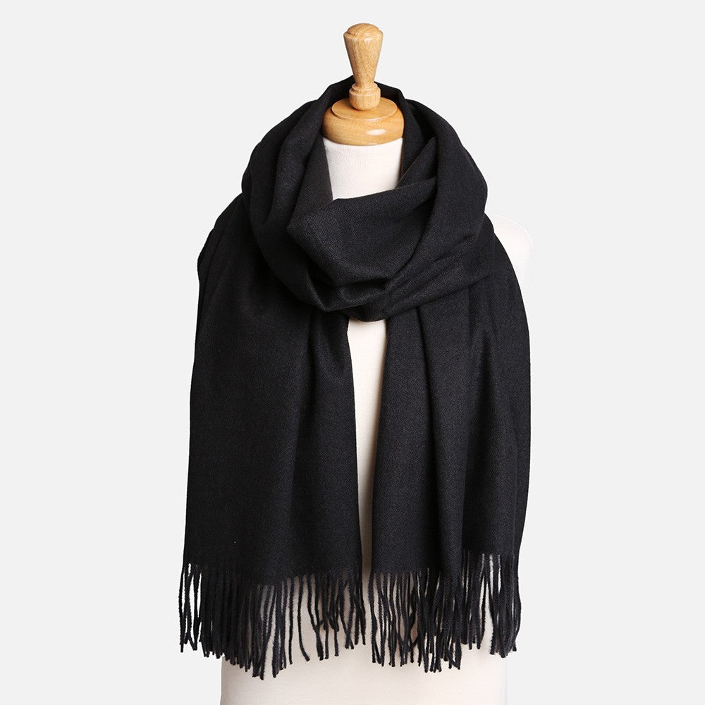 Black Solid Oblong Scarf with Tassels Soft Lightweight Wrap Shawl for Women