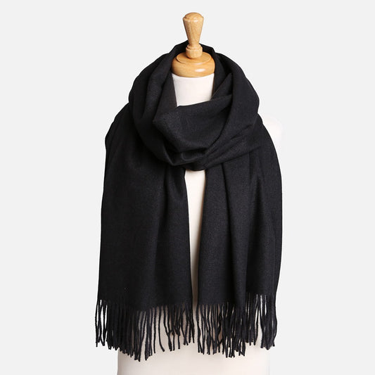 Black Solid Oblong Scarf with Tassels Soft Lightweight Wrap Shawl for Women