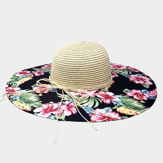 Women's Straw Sun Hat Flower Leaf Pattern Wide Brim Summer Beach Hat for Ladies