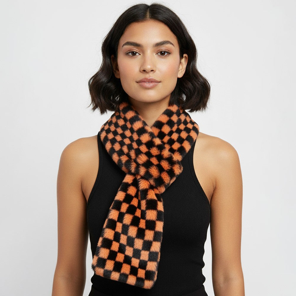 Faux Fur Plush Checkeredboard Pull Through Cowl Scarf for Women Brown 6" X 35"