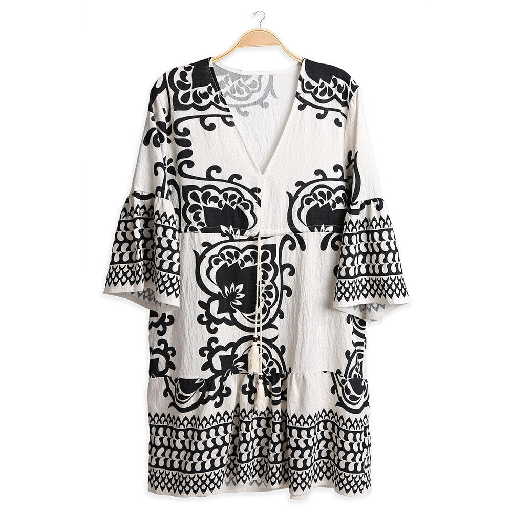 Boho Embroidered Tunic Summer Dress Loose Fit V-Neck Short Sleeve Beach Wear