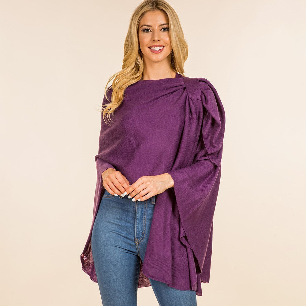 Women's Purple Knit Ruana Poncho Cape Shawl Wrap One Size OS Gathered Shoulder
