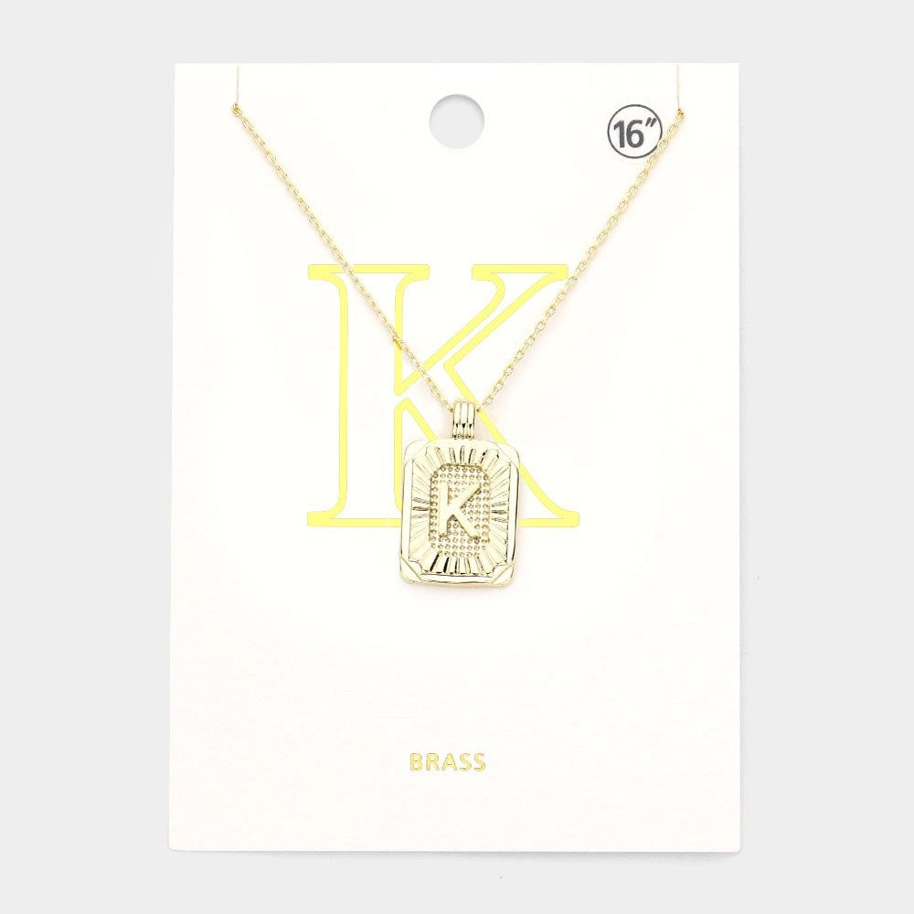 Gold Initial "K" Rectangular Sunburst Pendant Necklace Brass Fashion Jewelry