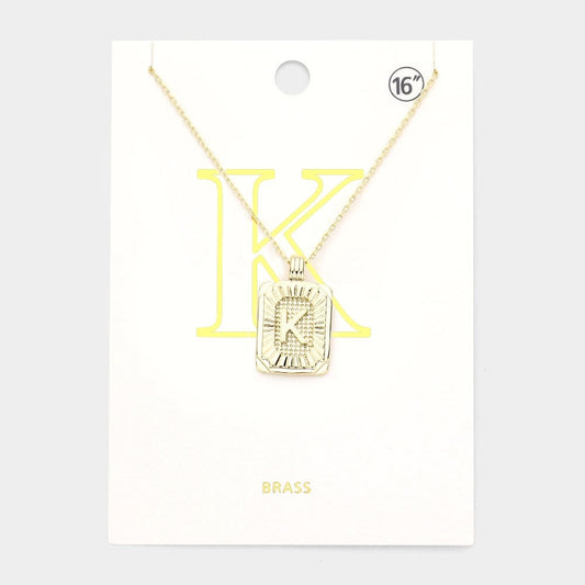 Gold Initial "K" Rectangular Sunburst Pendant Necklace Brass Fashion Jewelry