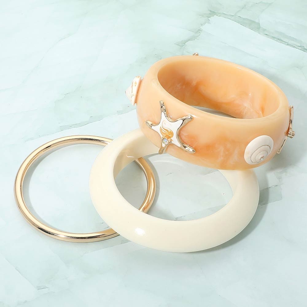 3pcs Coastal Beach Resin Bangle Set Starfish Shell Marbled Peach Gold Bracelets