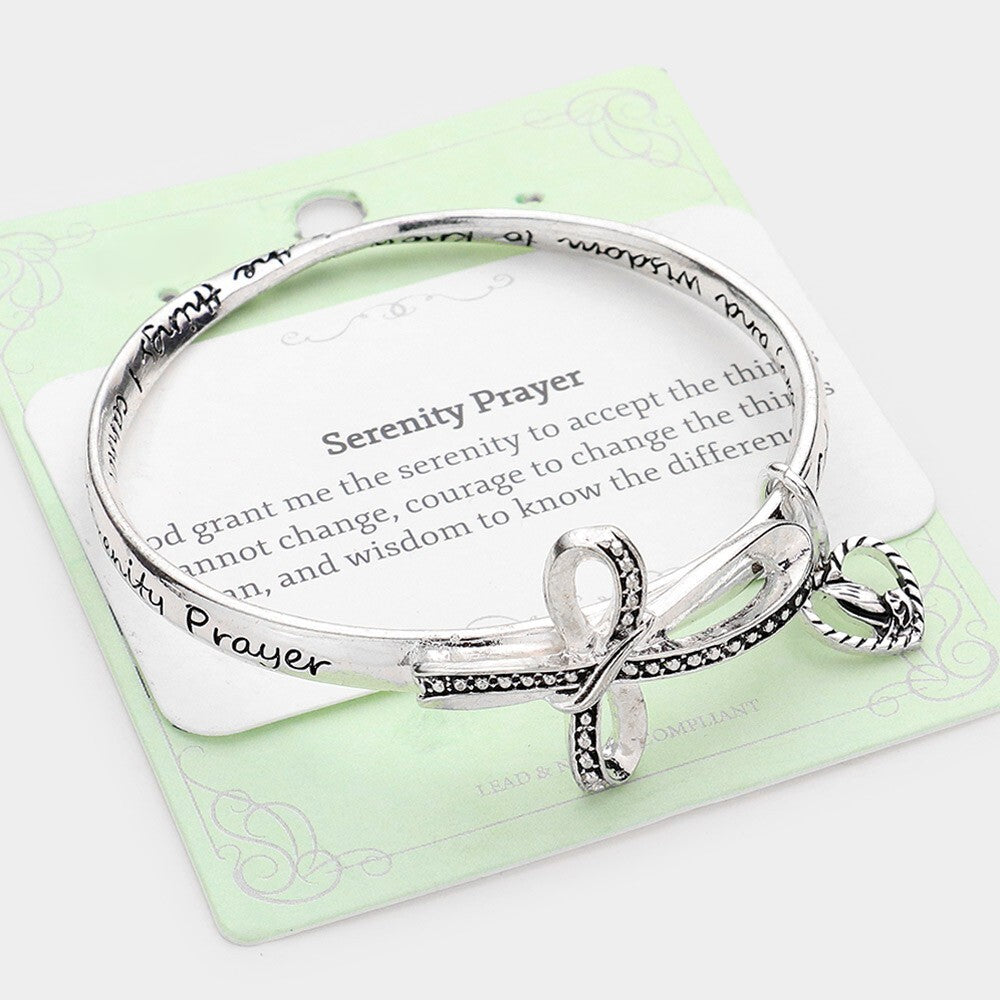 Serenity Prayer Praying Hands Heart Charm Bangle with Metal Cross Accent