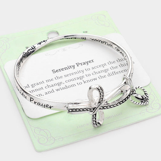 Serenity Prayer Praying Hands Heart Charm Bangle with Metal Cross Accent