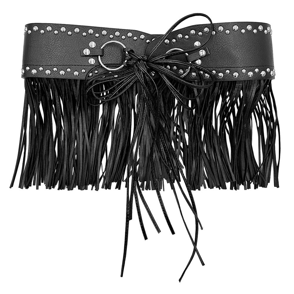 Women's Black Faux Leather Studded Fringe Obi Belt Western Tassel Cinch Tie