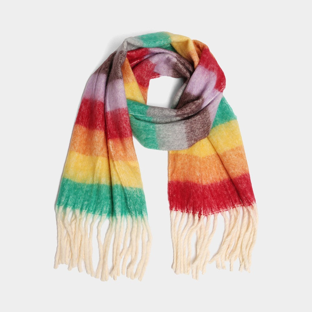 Rainbow Striped Knitted Chunky Oblong Scarf for Women with Fringes Multi-Colored