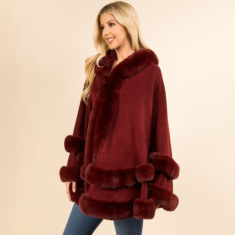 Luxury Burgundy Faux Fur Trim Hooded Cape Poncho Wrap Tiered Winter Cloak New