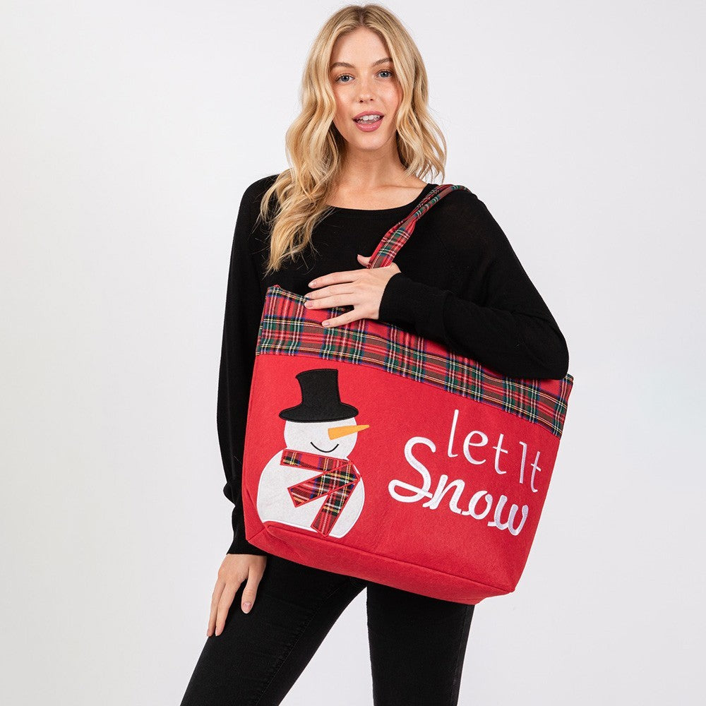 Let It Snow Snowman Christmas Tote Bag Holiday Shopping Reusable Shoulder Bag