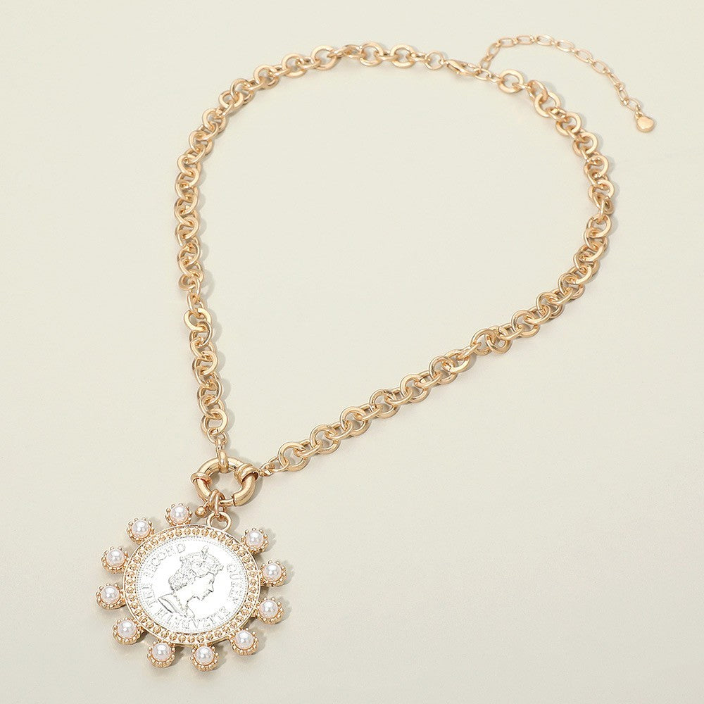 Gold Tone Bold Faux Pearl Decorative Coin Pendant Necklace with Round Link Chain