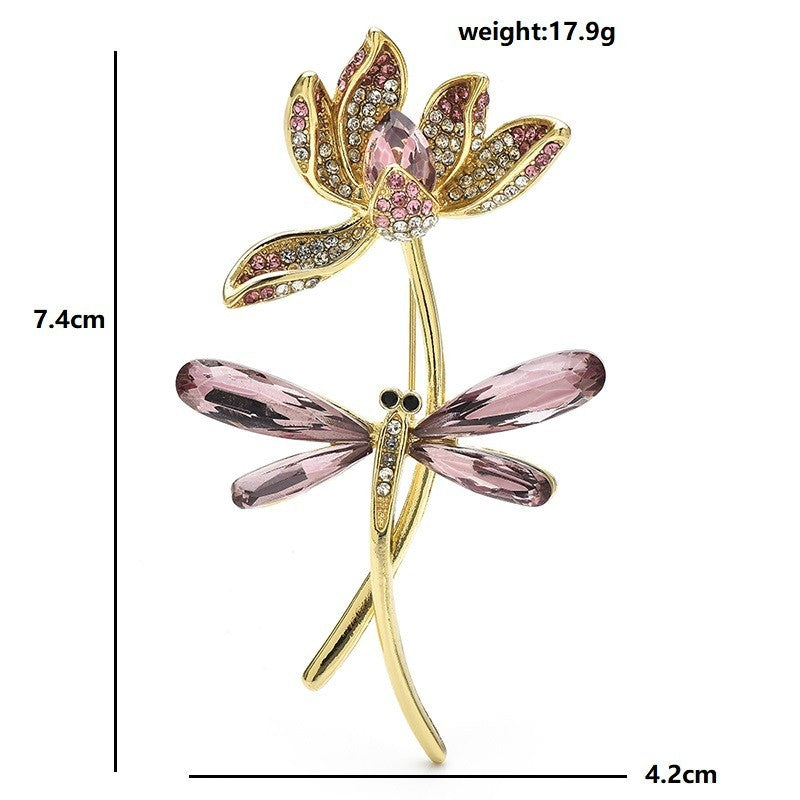 Dragonfly Flower Brooch Pink Rhinestone Gold-Tone Insect Jewelry Elegant Gift