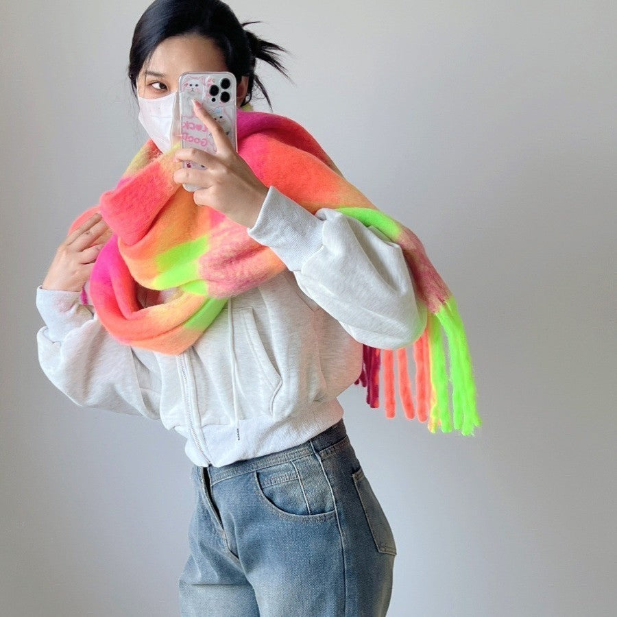 Neon Plaid Tassel Scarf Oversized Blanket Shawl Thick Winter Wrap Hot Pink
