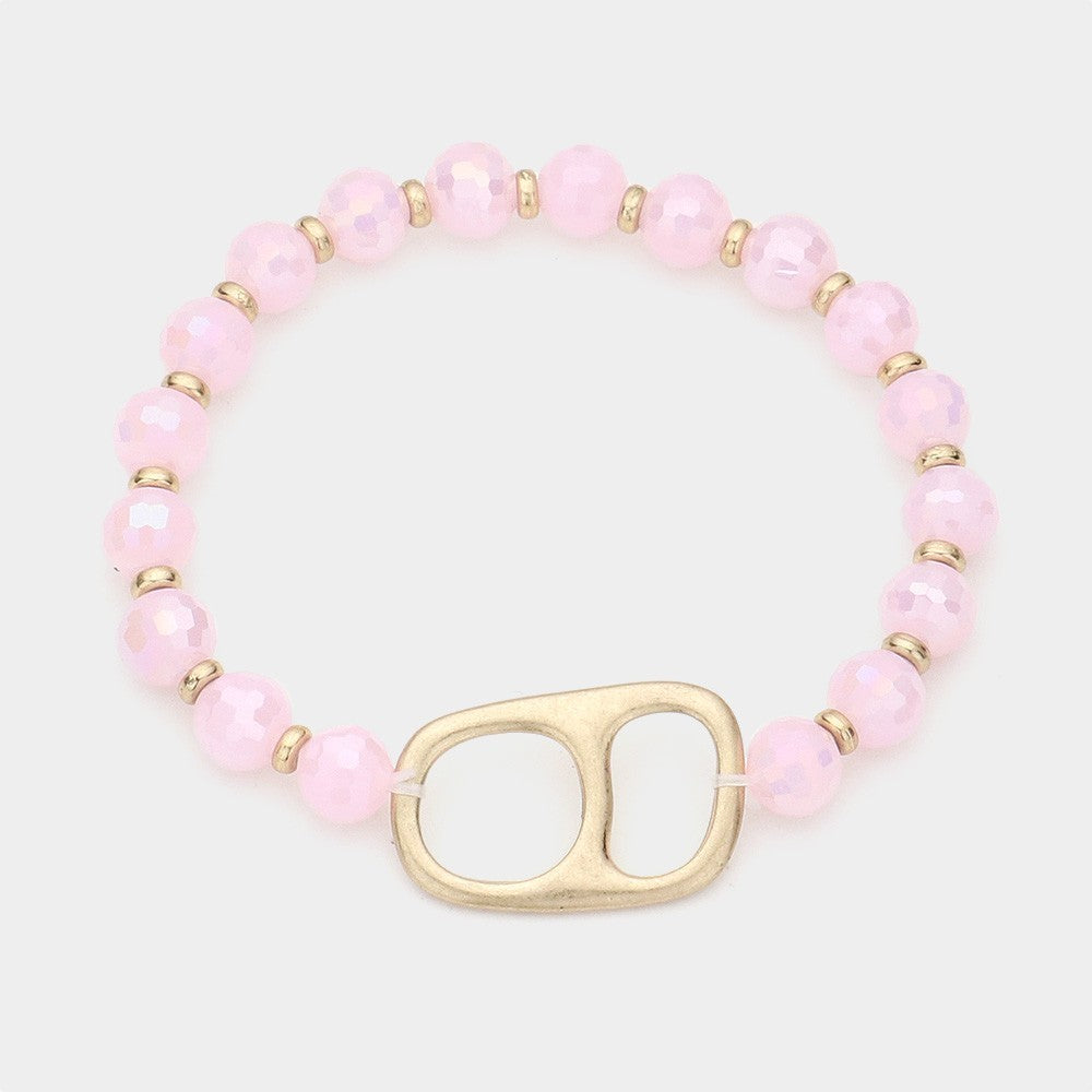 2-in-1 White and Pink Faceted Beaded Stretch Bracelet Set with Gold Accent