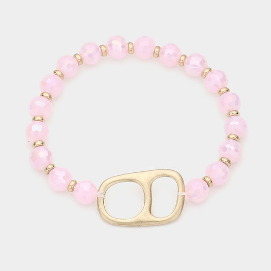 2-in-1 White and Pink Faceted Beaded Stretch Bracelet Set with Gold Accent