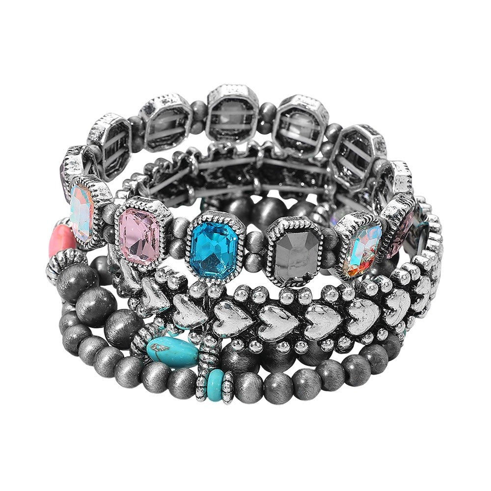 4pc Antique Silver Beaded Stretch Bracelet Set with Colorful Crystals & Hearts