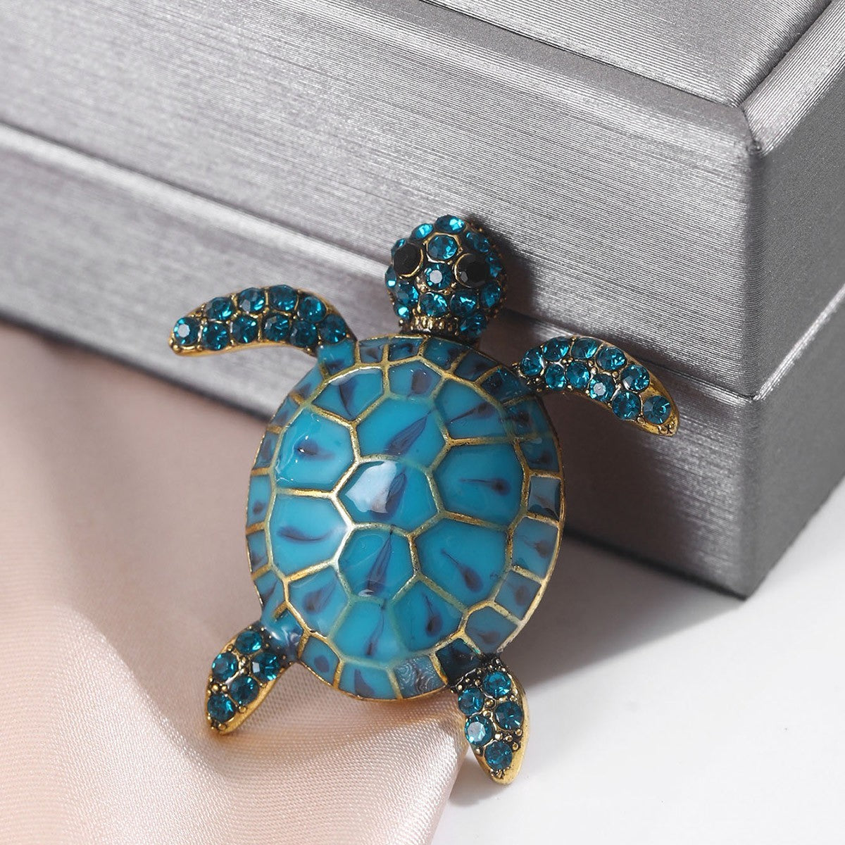 Blue Rhinestone Sea Turtle Brooch Pin Animal Jewelry