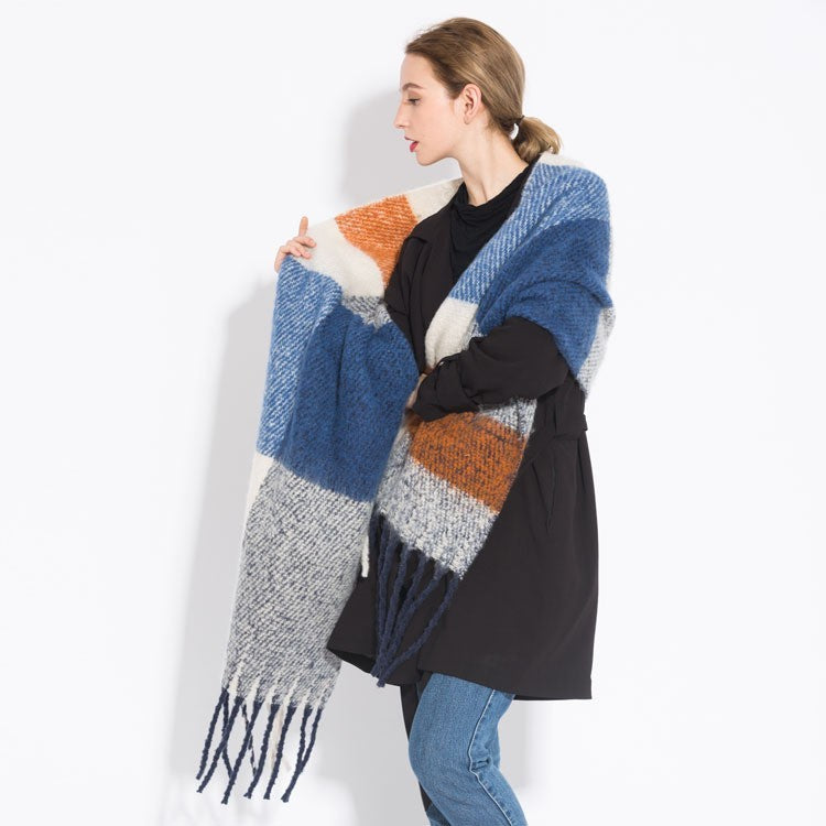 Warm Fuzzy Oversized Plaid Blanket Scarf Shawl Wrap Blue Orange Winter