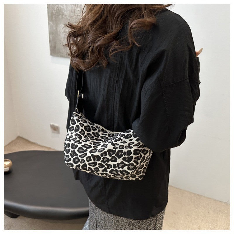 Leopard Print Hobo Shoulder Bag Y2K Style Black White Baguette Purse