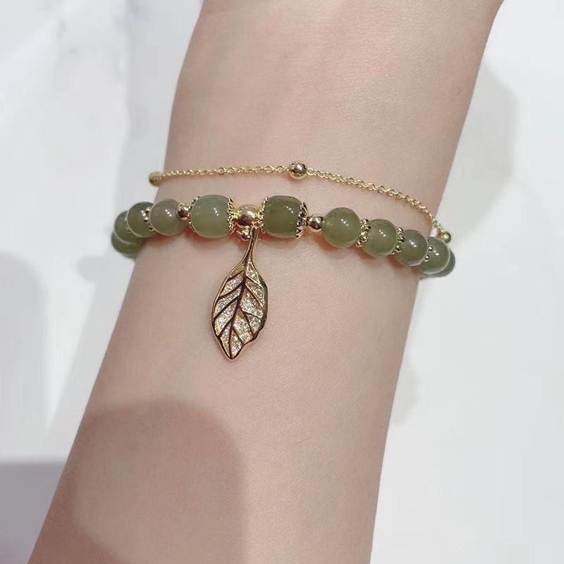 3pcs Green Jade Beaded Bracelets with Gold Leaf Charm & Chain Women's Jewelry