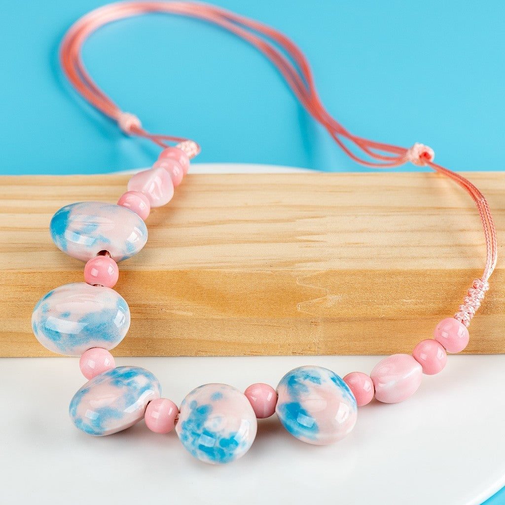 Blue Pink Ceramic Bead Necklace Cobblestone Pendant Boho Vintage Jewelry