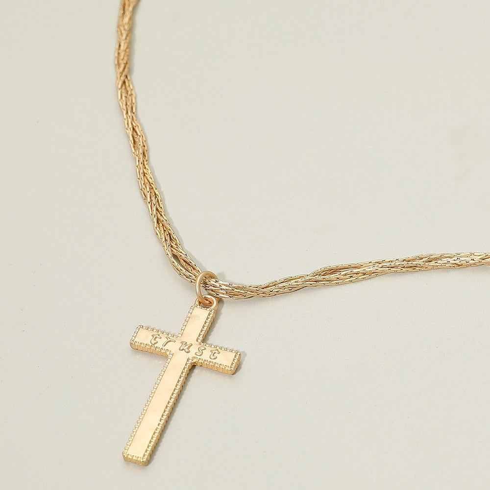 Gold Trust Engraved Cross Pendant Necklace - Braided Mesh Chain Fashion Jewelry