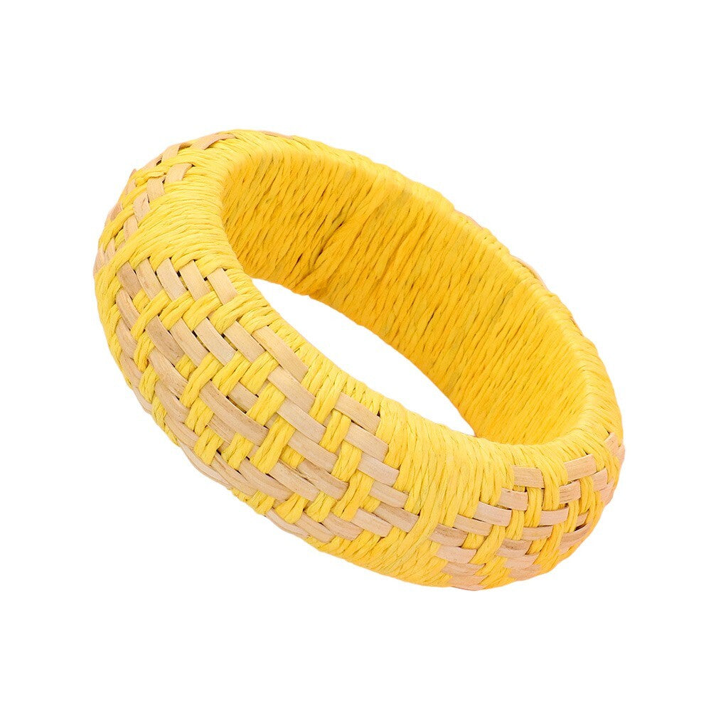 Yellow Raffia Woven Bangle Bracelet Summer Beach Boho Jewelry for Women Girls