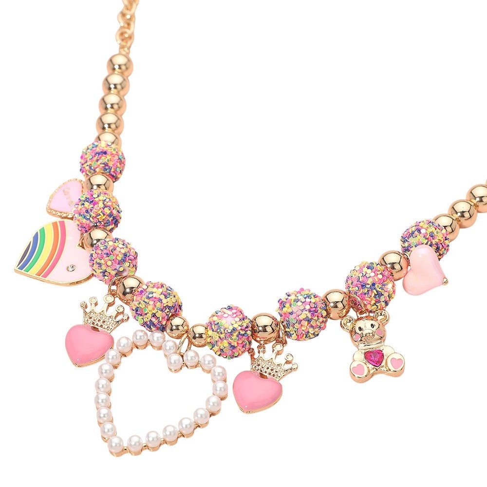 Girls' Gold Charm Necklace with Pink Hearts, Rainbows, & Teddy Bear – Adjustable