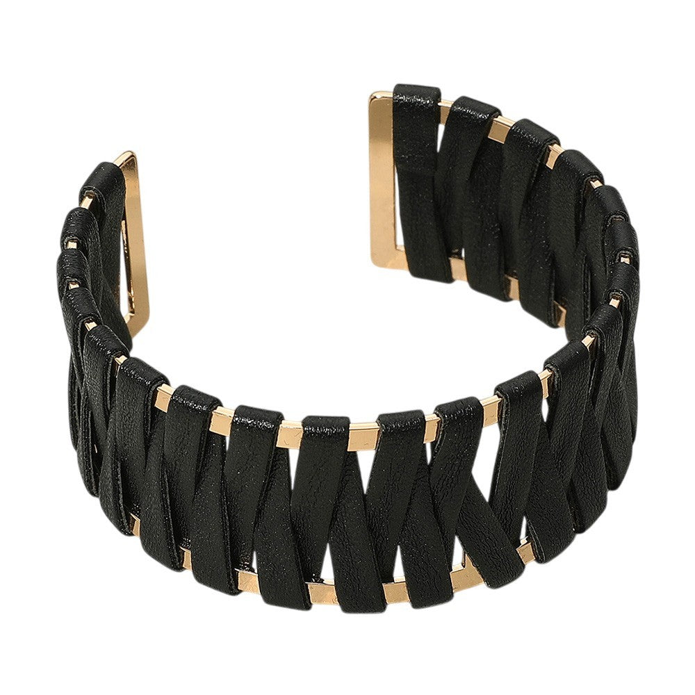 Black Woven Faux Leather Gold Tone Wide Open Cuff Bracelet Fashion Jewelry