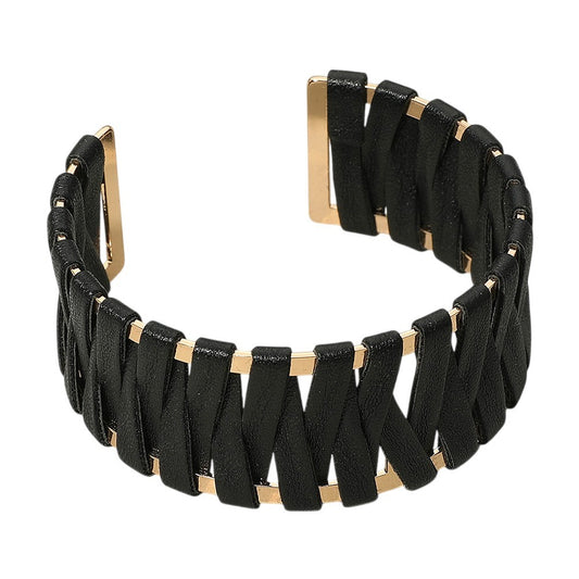 Black Woven Faux Leather Gold Tone Wide Open Cuff Bracelet Fashion Jewelry