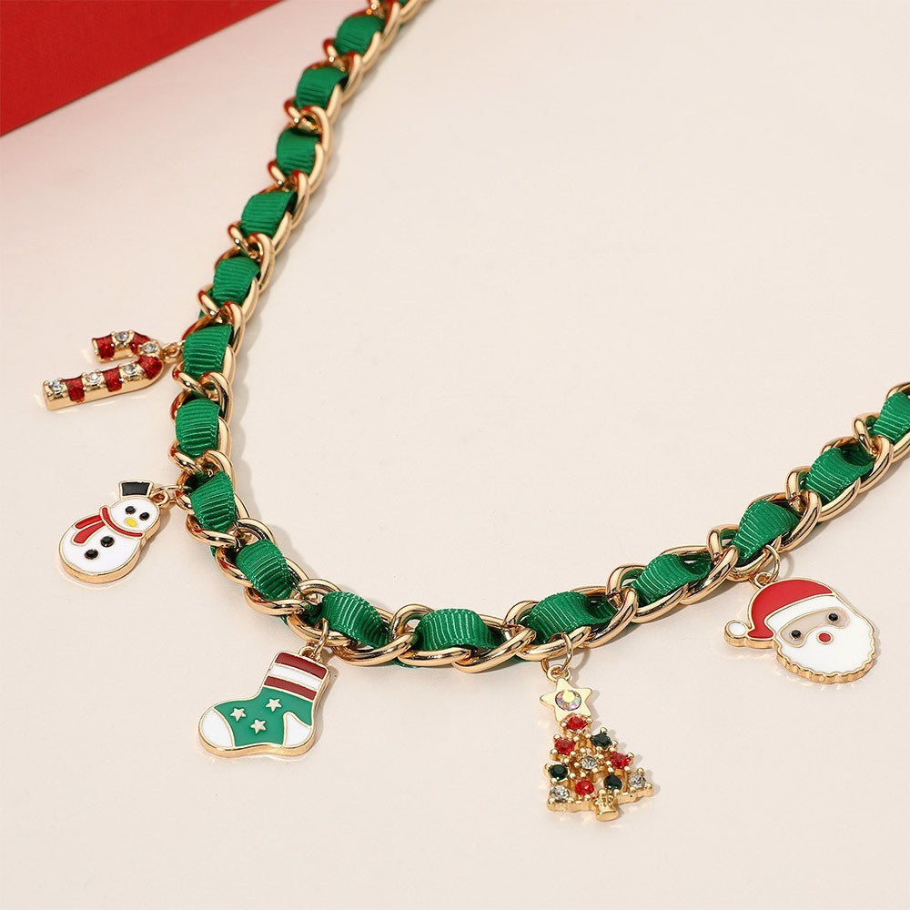 2PCS Christmas Charm Necklace Set Gold Green Chain Ribbon Holiday Jewelry Gift