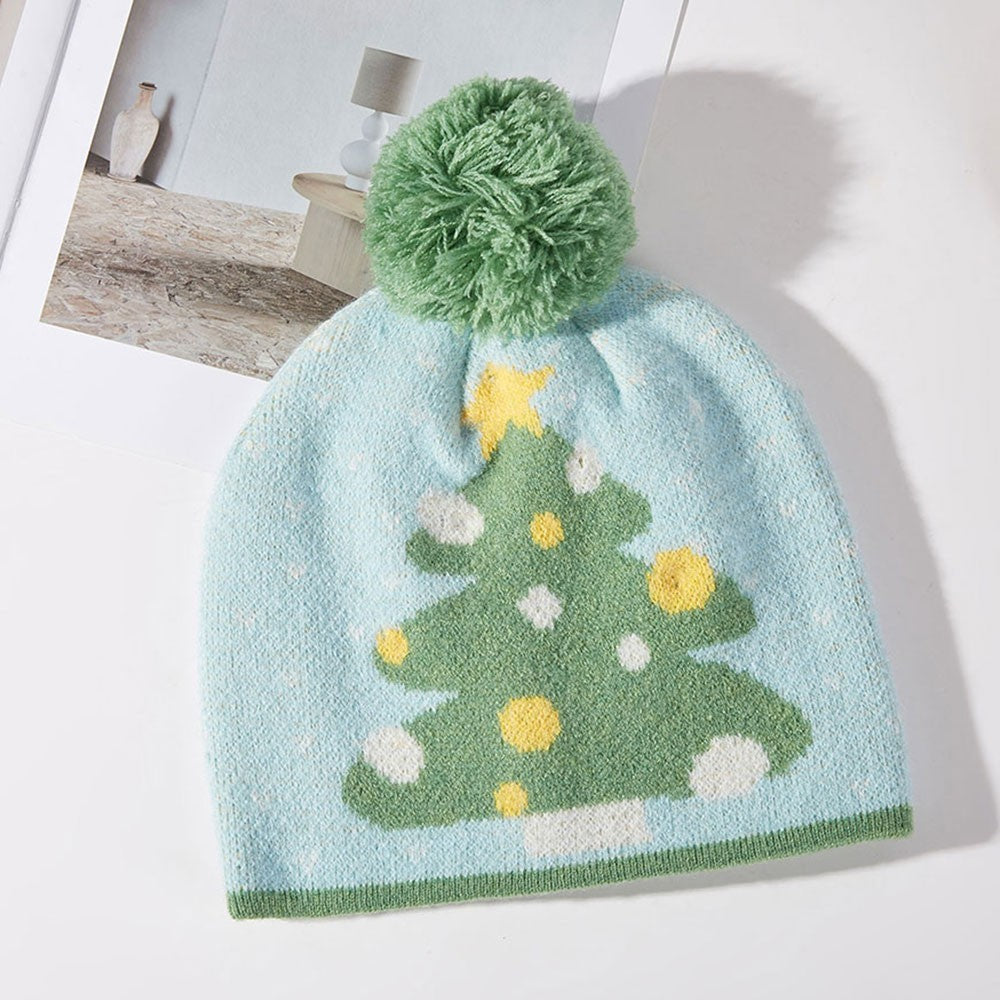 Knitted Cozy Christmas Tree One Size Pom Pom Beanie Hat for Kids Green & Blue