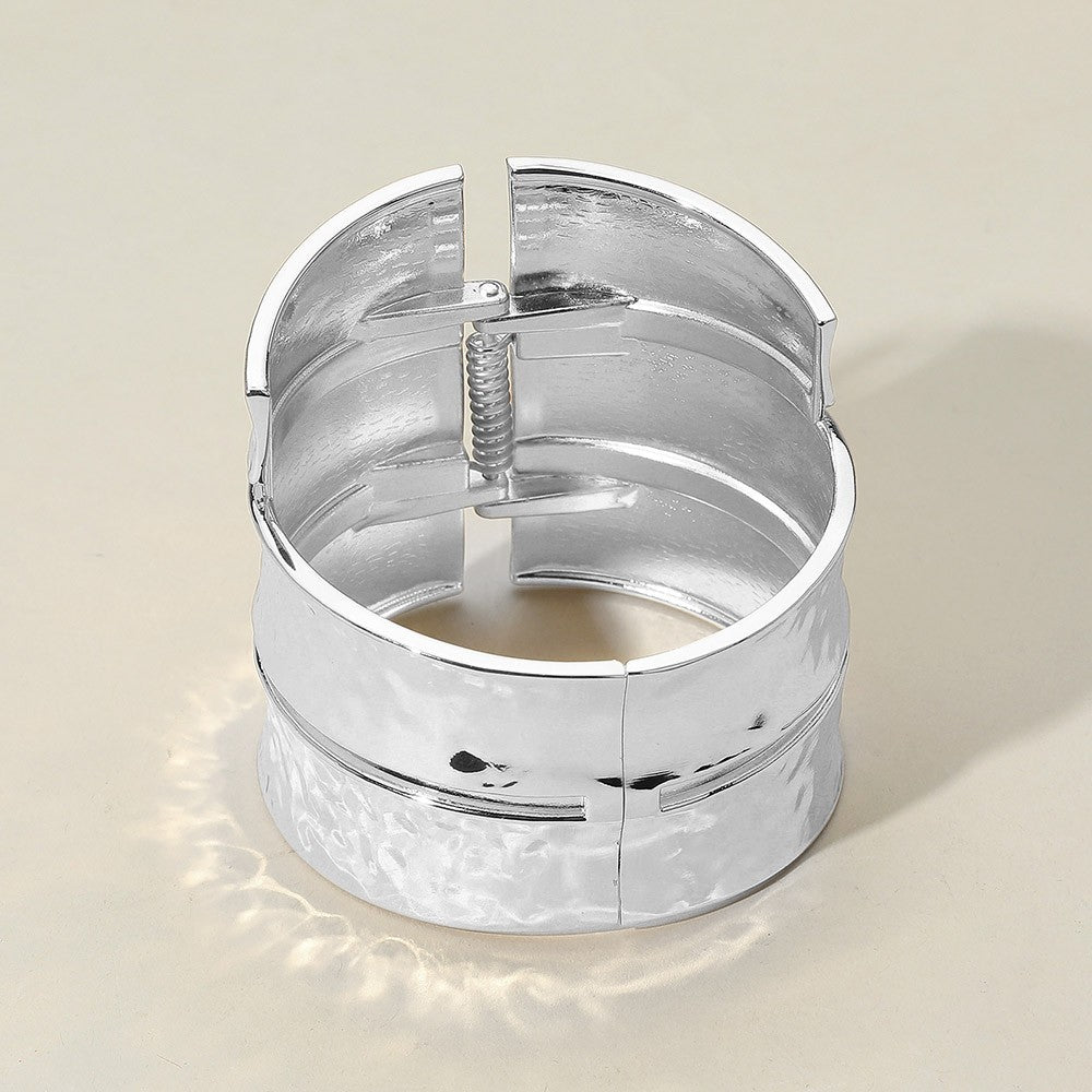 Bold Wide Textured Silver Tone Metal Hinged Bangle Bracelet for Women