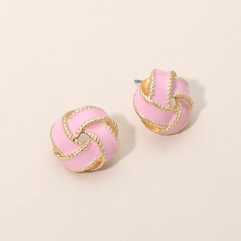 Pastel Pink Enamel Gold-Tone Twisted Rope Knot Chic Button Post Stud Earrings