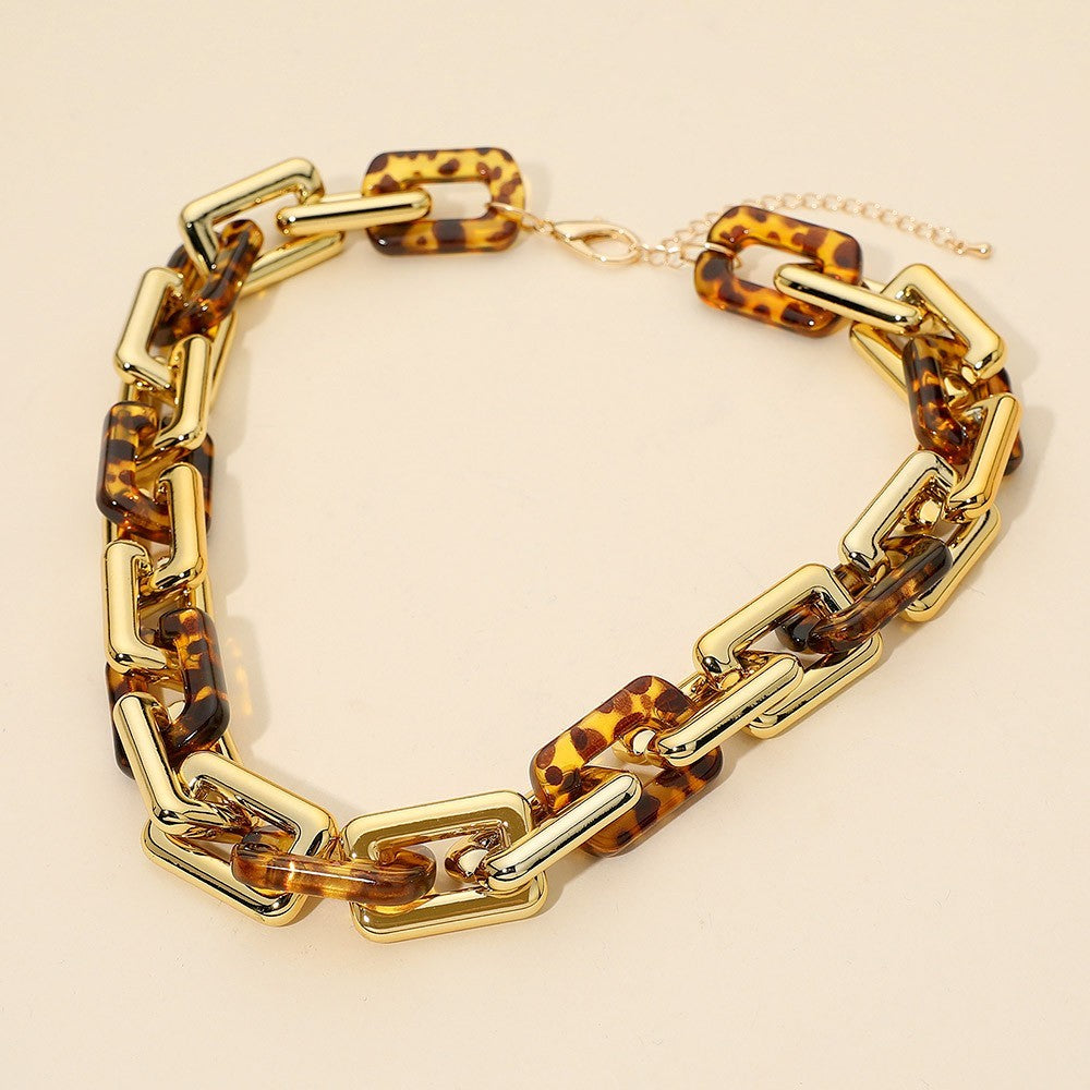 Chunky Geometric Resin Link Statement Tortoiseshell Necklace for Women Gold Tone