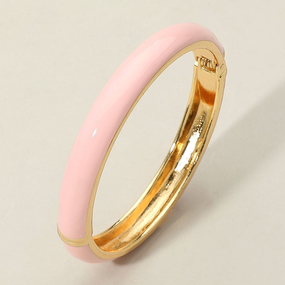 Gold Plated Light Pink Enamel Hinged Bangle Bracelet for Women