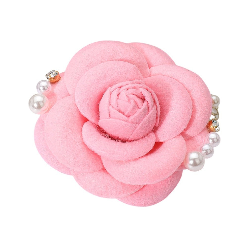 Pink Felt Rose Flower Brooch Faux Pearl Rhinestone Camellia Statement Pin 3"