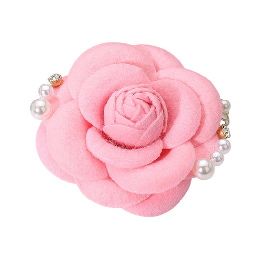 Pink Felt Rose Flower Brooch Faux Pearl Rhinestone Camellia Statement Pin 3"